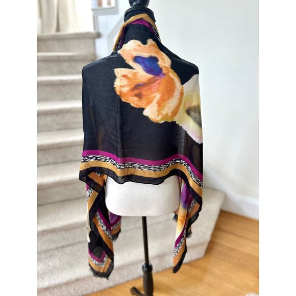 Chicos Black Orange Purple Orchid Floral Print Shawl Wrap Scarf - Picture 2 of 6